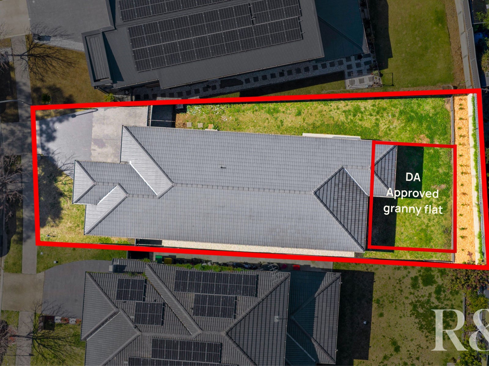 Aerial image showing the approved granny-flat area at 9 Arkley Avenue