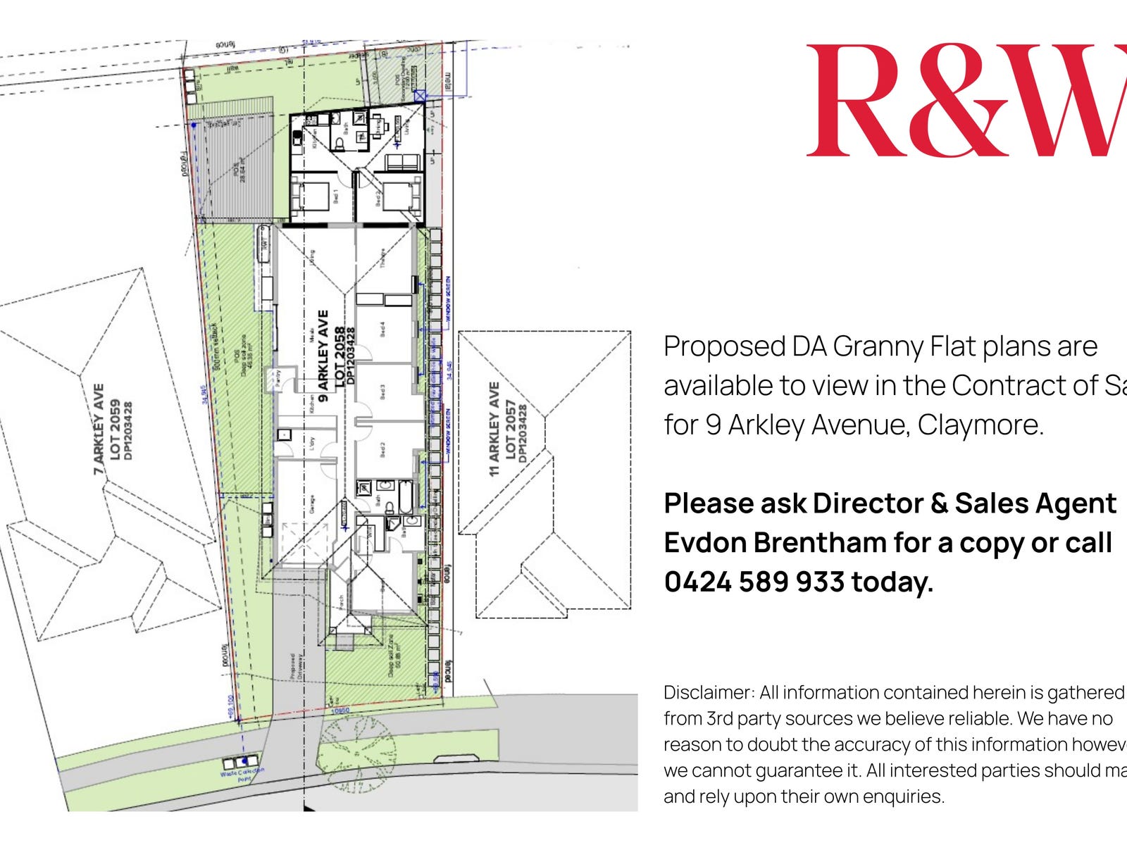 DA-approved two-bedroom granny-flat floor plan for 9 Arkley Avenue