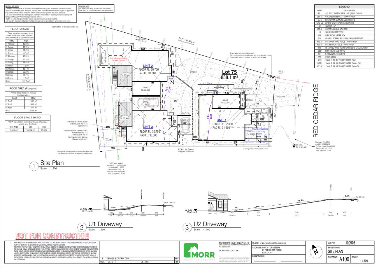 Site plan — three dwellings stepping with the natural fall